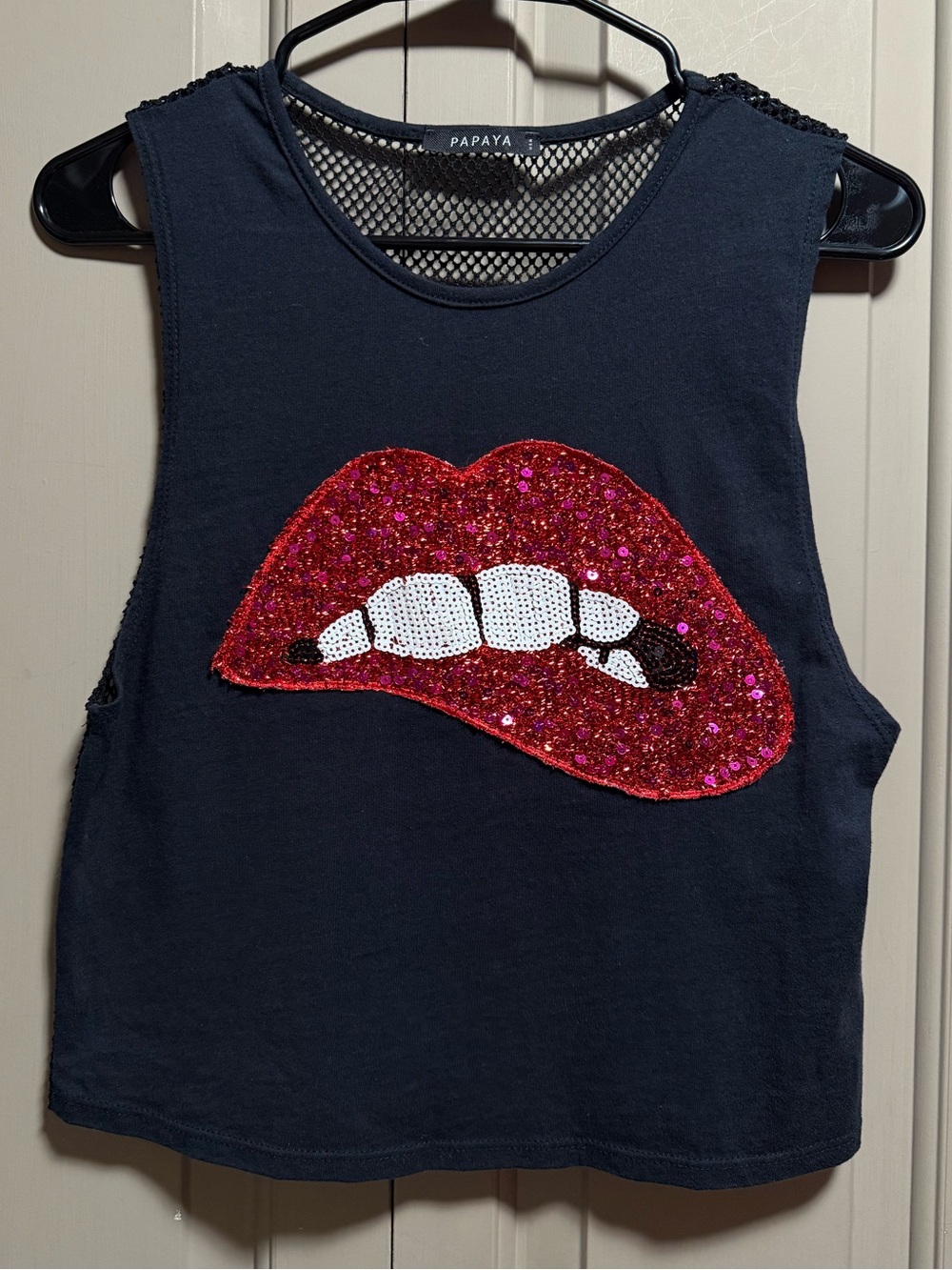 Papaya Black Sequin Lip Crop Tank with Red & White Applique
